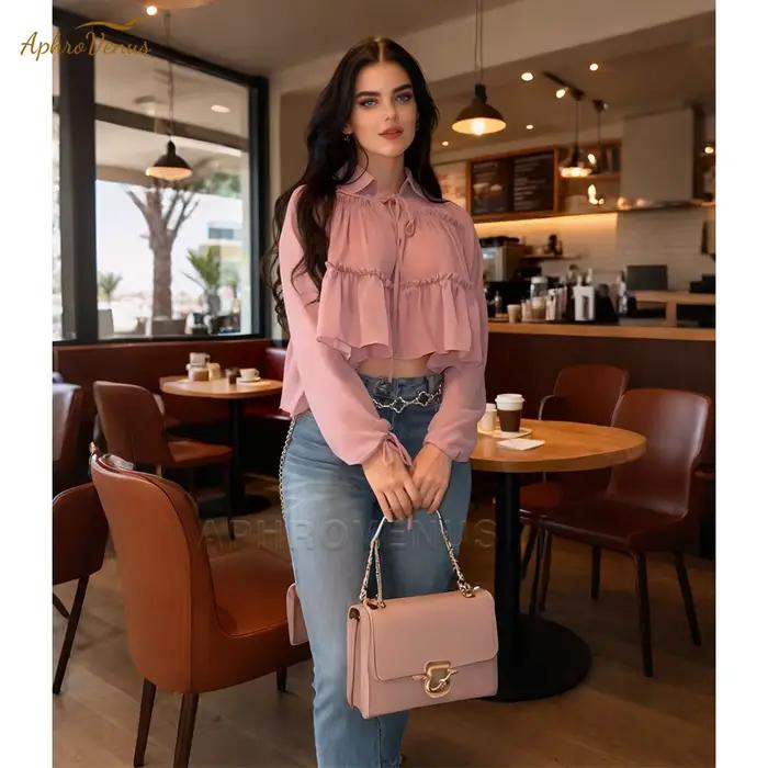 Chemise fluide en mousseline de soie pour femmes manches longues à volants coupe ample haut quotidien printemps automne décontracté