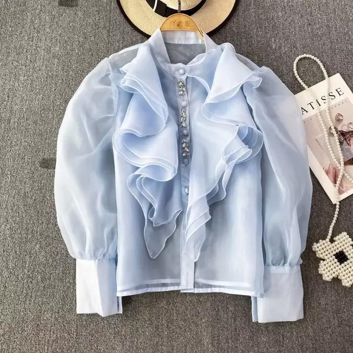 Chemisiers et hauts chics pour femmes, chemisier à volants en Organza pour femmes, Blusa transparente en maille perlée, mode coréenne élégante, livraison directe
