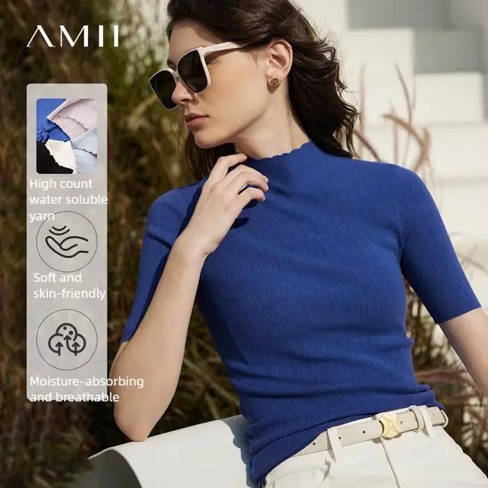 Pull AMII Femmes Automne Hiver Minimaliste Col Mi-Haut Polyvalent Pour Occasions Spéciales