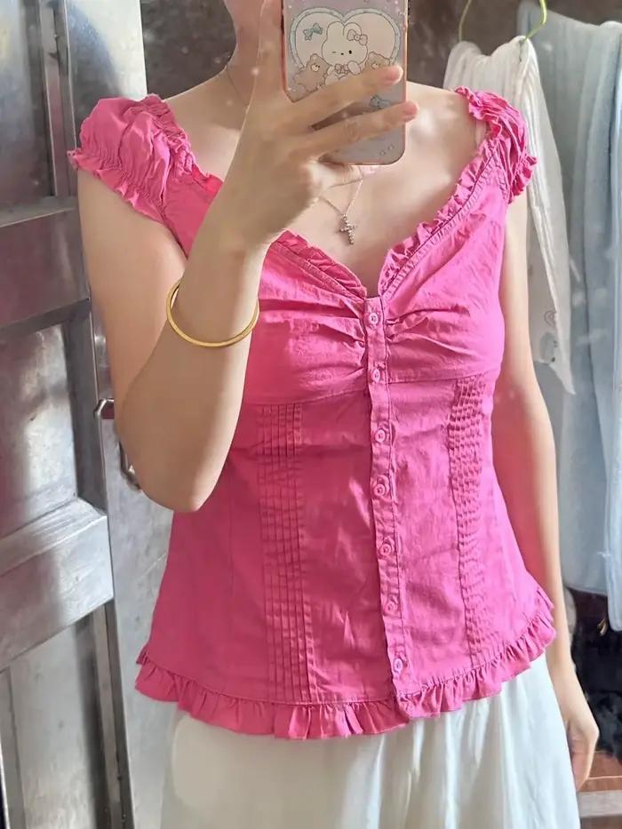 Nouvelle Blouse Femme à Boutons Framboise