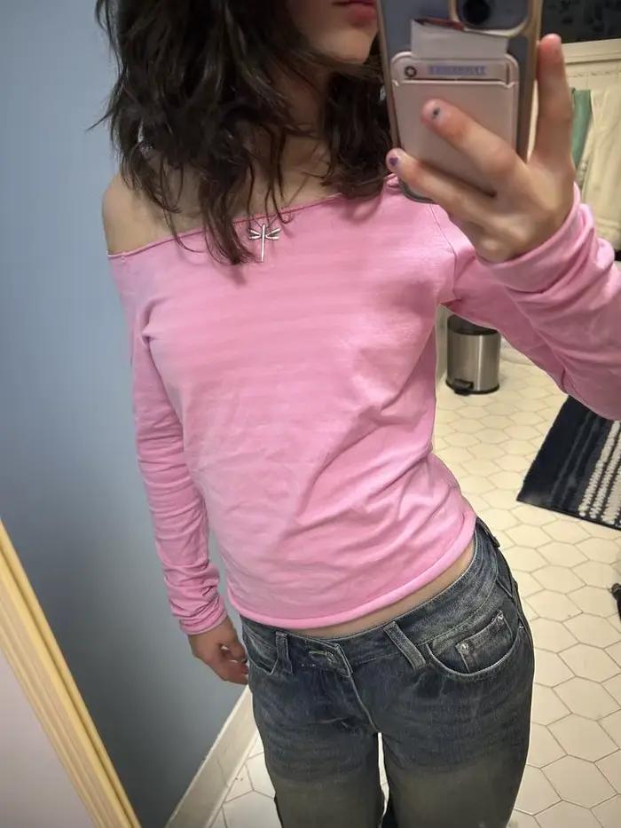 T-shirt rose rayé à manches longues pour femme, style préppy doux, Y2K, printemps été, coupes ajustées, matériau coton polyester, occassions spéciales, entretien facile