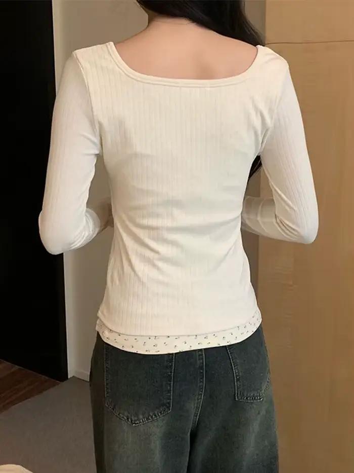 T-shirt Patchwork en Dentelle Femme Style Coréen Printemps Été Occasions Spéciales Élégance Mode Bureau