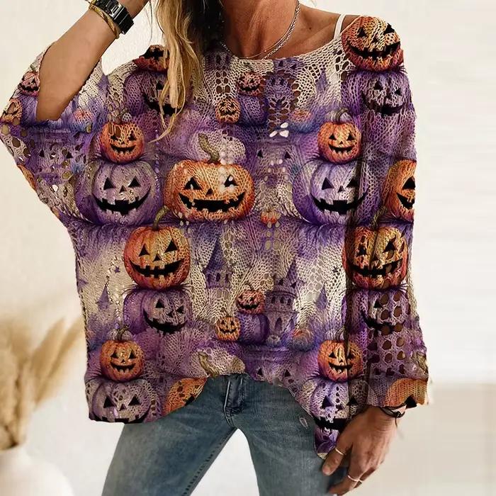 Mode Halloween pull femmes citrouille et chauve-souris imprimé à manches longues lâche tricoté chandails
