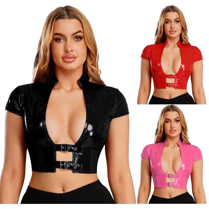 Haut court en cuir PU pour femmes