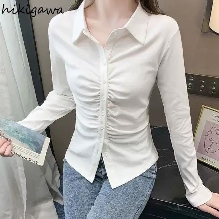 Tunique à manches longues femmes Blouses Camisas De Mujer 2025 tempérament dames hauts taille mince plis simple boutonnage chemises Blouse