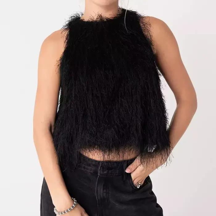 Top court sans manches en fausse fourrure pour femme