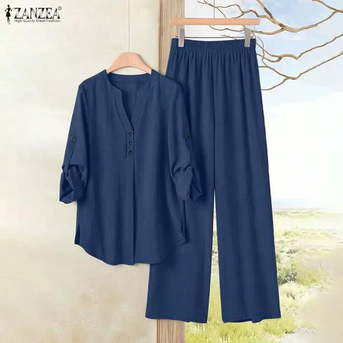 ZANZEA Ensemble décontracté pour femme : Blouse à manches longues semi-boutonnée et pantalon large – Tenue d'été 2 pièces pour le quotidien