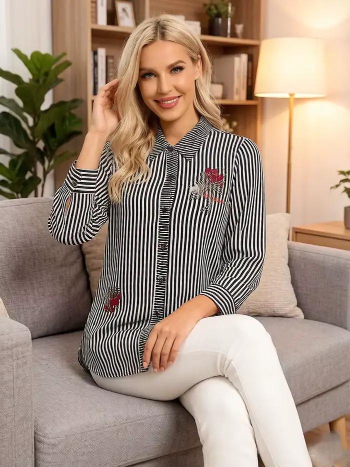 Chemisier rayé pour femme noir et blanc à col revers