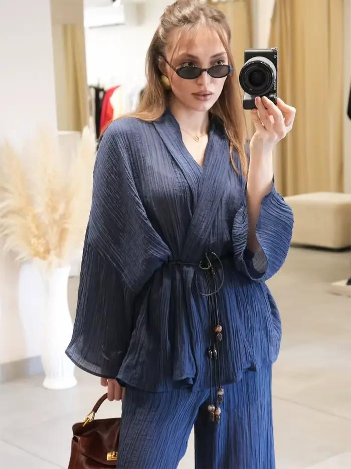 Ensemble 2 pièces décontracté été 2026 pour femme : Blouse à lacets col en V manches longues évasées et pantalon large