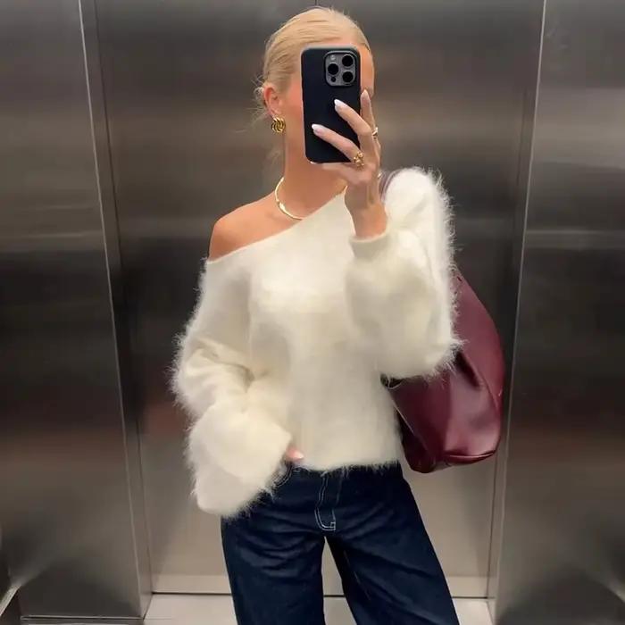Talenza femmes pull en peluche mode solide ample haute rue chandails Vintage Chic sans bretelles automne décontracté femme pulls