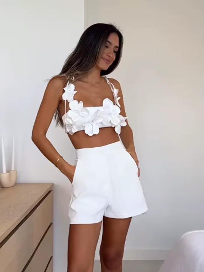 Chic 3d fleur à lacets Spaghetti sangle hauts courts pour les femmes 2024 été dos nu sans manches bustiers mode dame
