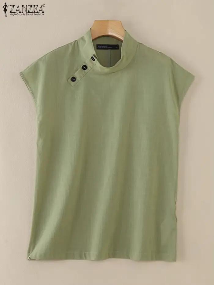 Blouse ZANZEA Femme Été Vintage en Coton Fin Col Roulé Décontractée pour Occasions Spéciales Blanc Bleu Ciel Noir Vert