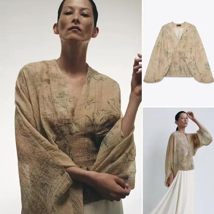Chemisier floral vintage pour femme – Haut en mousseline de soie style bohème à col en V profond avec manches plissées