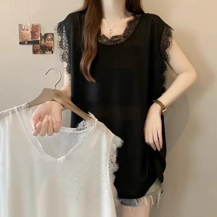 T-shirt sans manches en dentelle polyester décontracté pour femmes printemps été ocassions spéciales