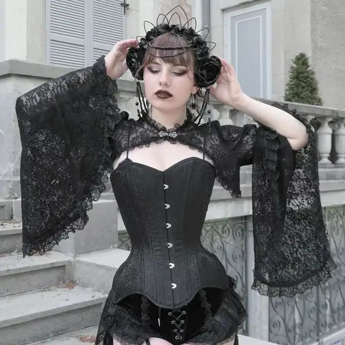 Haut court gothique chic ajouré avec smock en dentelle et faux col pour femmes pour fête et rendez-vous