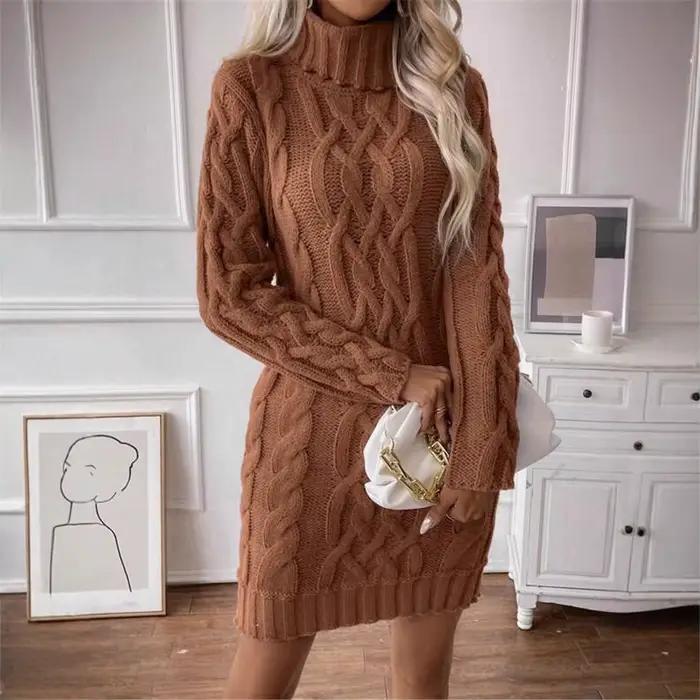 Robe-pull en tricot pour femmes, motif câble, col roulé, polyester, élasthanne, haute élasticité, léger, street trendsetters, bureau, automne hiver