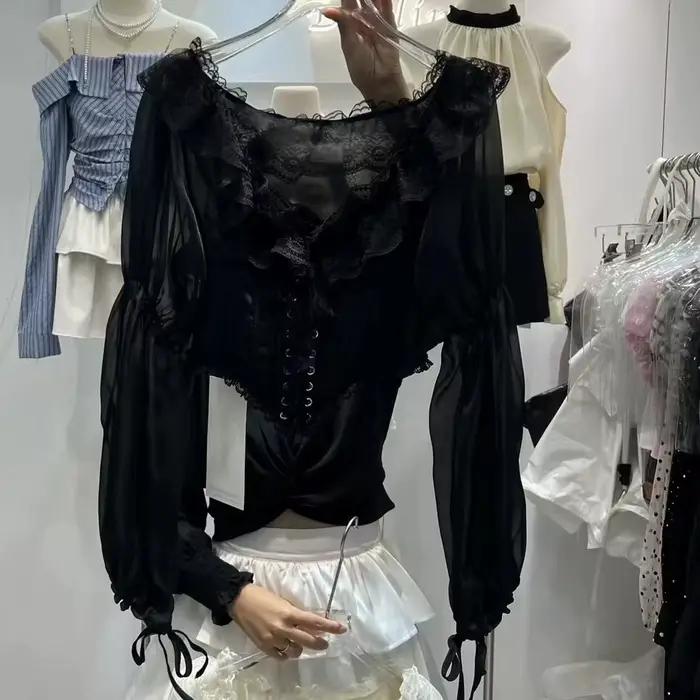 Chemisiers amincissants à la taille style rétro français pour femmes élégants avec manches à bulles hauts courts舒适版法式复古女士收腰衬衫短上衣泡泡袖