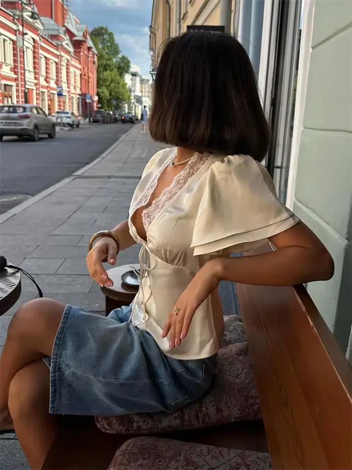 Tossy dentelle été col en v T-shirt haut pour les femmes à lacets évider à manches courtes imprimé