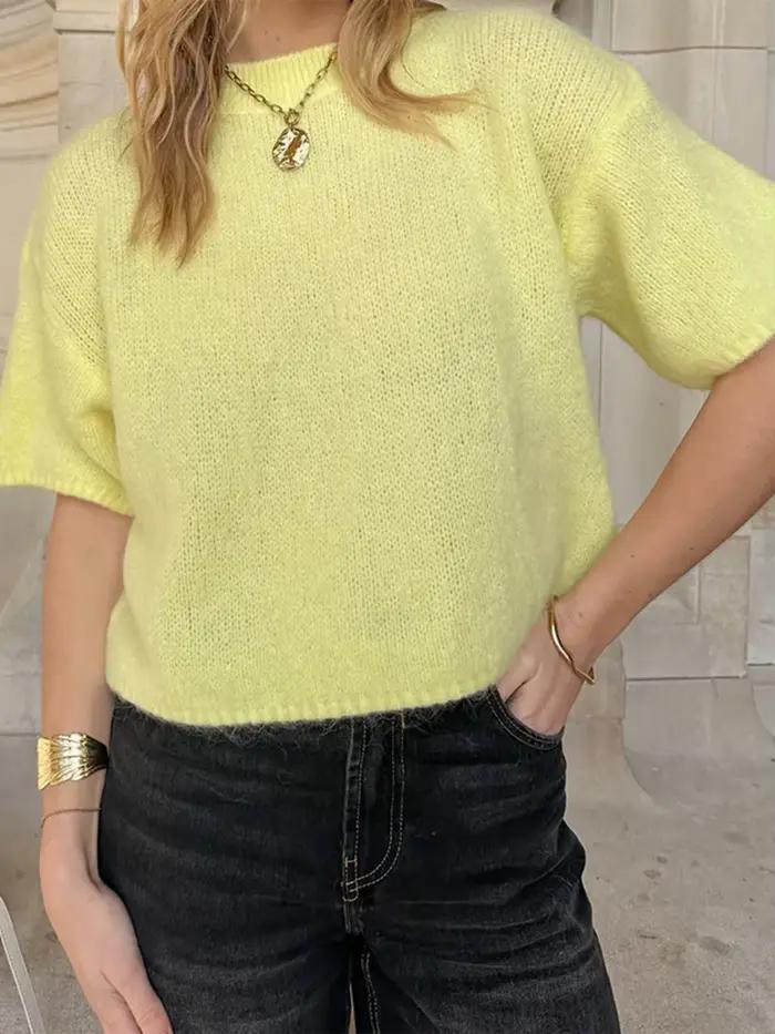 Femmes printemps automne tricot chandails demi manches col rond couleur unie tricots de style décontracté pull