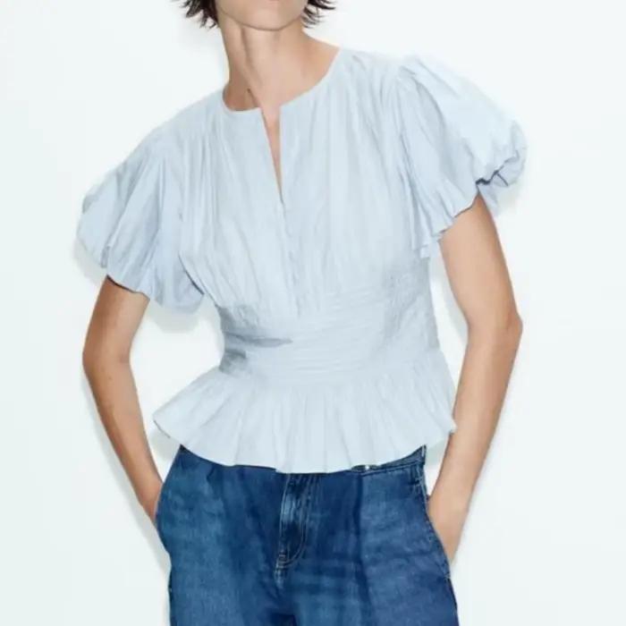 Chemisier peplum pour femme, col rond, plissé, manches courtes bouffantes, taille cintrée, hauts smockés d'été