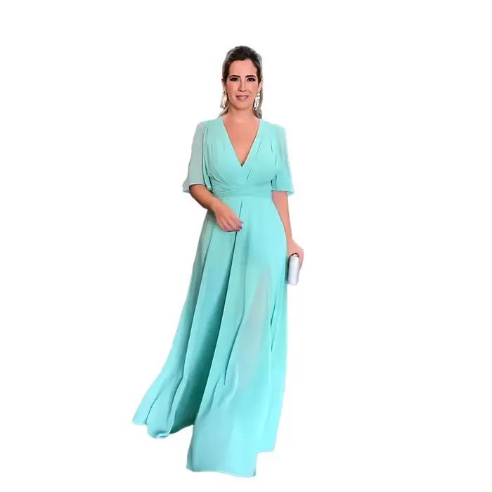 Robe tunique élégante à col en V long avec fente et manches cloche en mousseline de soie