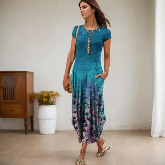 Robe mi-longue vintage à imprimé floral pour femmes, style bohème, polyester et coton, col rond, longueur cheville, printemps été