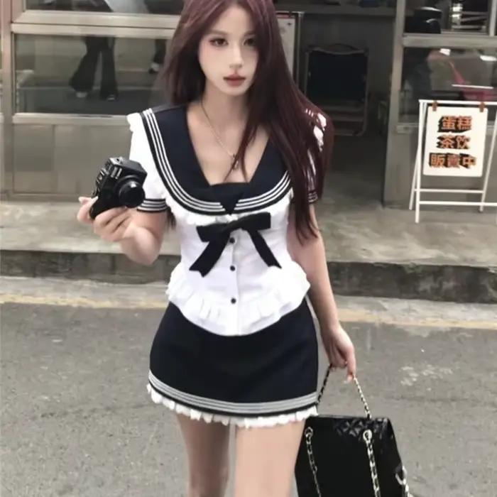 Deeptown doux noeud marin col femmes chemises blanc dentelle à manches courtes mode japonaise Blouses mince Preppy Jk jeune été