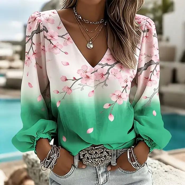 Imprimé fleurs de prunier Harajuku pour femmes ​ Chemise à manches longues et col en V