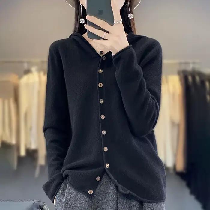Cardigan à Capuche en Laine Mérinos pour Femme
