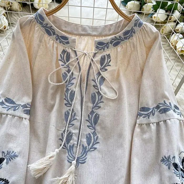 Chemisier brodé floral décontracté pour femmes, printemps-automne, style ethnique, col en V, ample et décontracté, manches lanternes, haut à lacets, occasion spéciale