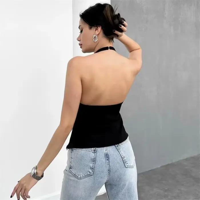 MUJER Bow strass haut court femmes découpé noir blanc sans manches dos nu