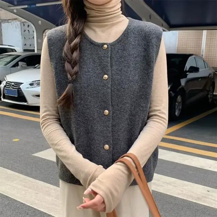 Gilet en tricot femme tricoter polyester boutons dorés beige gris kaki noir élégant printemps automne