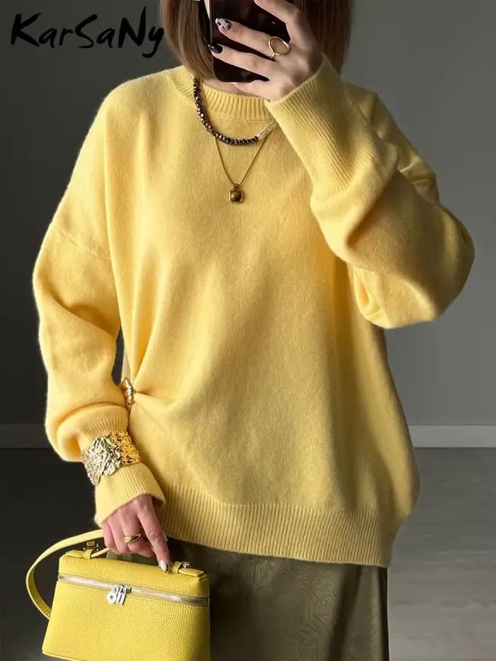 Pull en polyester ample pour femmes, col rond, tendance hiver-automne 2025, confortable et élégant