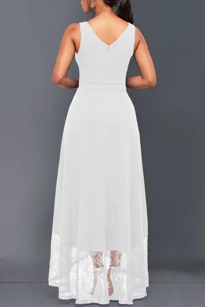 Robe longue tunique sans manches, ourlet en dentelle, col en V, grande taille