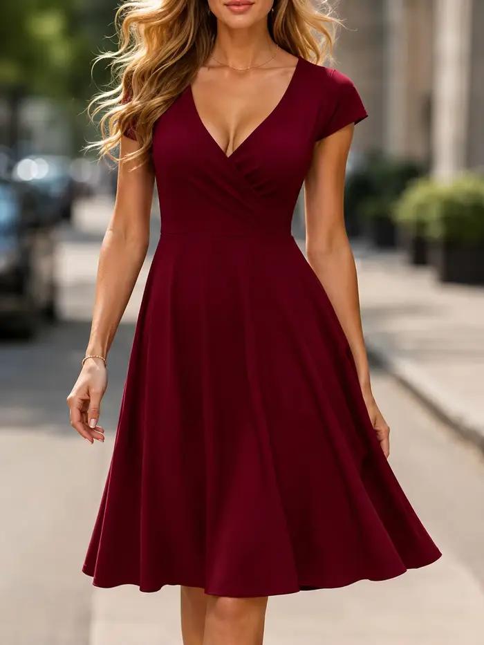 Robe élégante pour femme à col rond, manches courtes, unie, coupe trapèze, longueur aux genoux, taille haute, pour soirées, mariages, décontractée, voyage