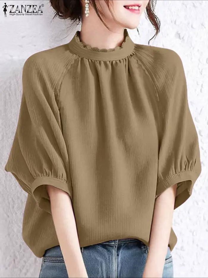 Femmes élégantes OL travail Blouse 2025 ZANZEA chemises de bureau été 3/4 manches tunique hauts col montant dentelle Patchwork Blusas Mujer Femme