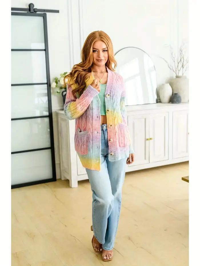 Cardigan en tricot torsadé tie-dye arc-en-ciel pour femme