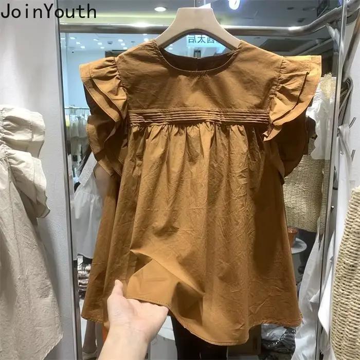 Chemisier coréen pour femmes manches volantes col rond chemises amples 2025 Blusas Mujer De Moda Vintage été hauts Chic doux Blouses blanches