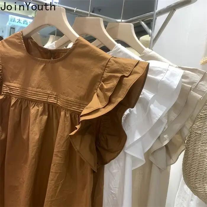 Chemisier coréen pour femmes manches volantes col rond chemises amples 2025 Blusas Mujer De Moda Vintage été hauts Chic doux Blouses blanches