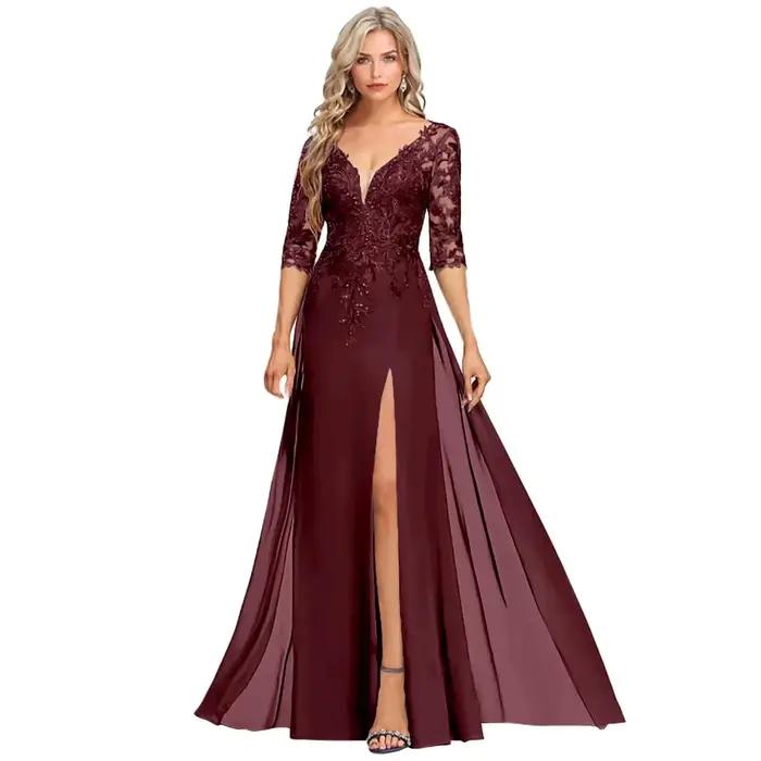 Robe de soirée sirène en mousseline à col en V avec dentelle et sequins pour bal de promo et mariage
