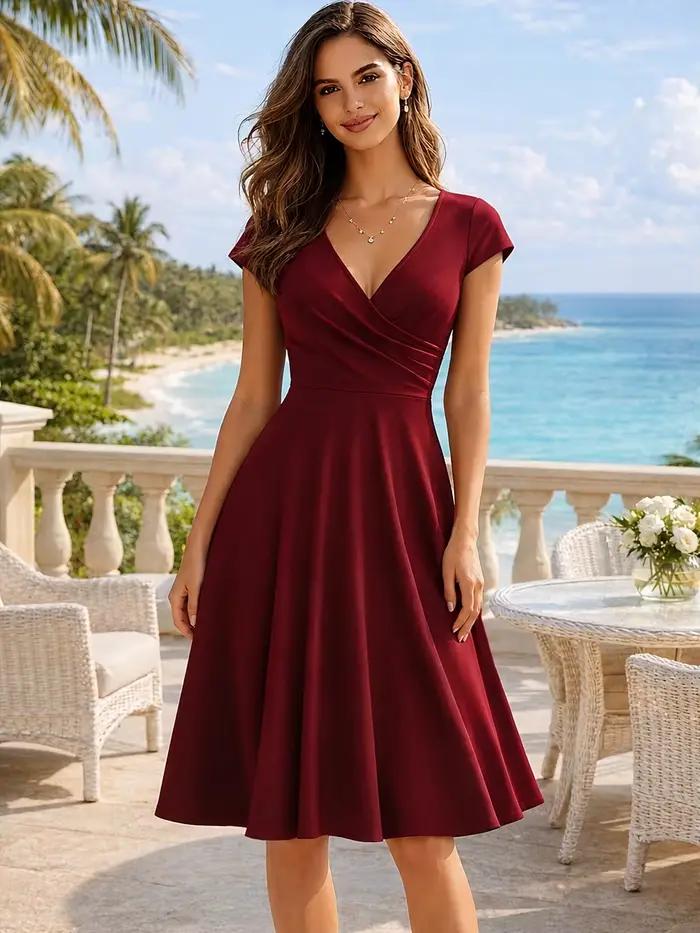 Robe élégante pour femme à col rond, manches courtes, unie, coupe trapèze, longueur aux genoux, taille haute, pour soirées, mariages, décontractée, voyage