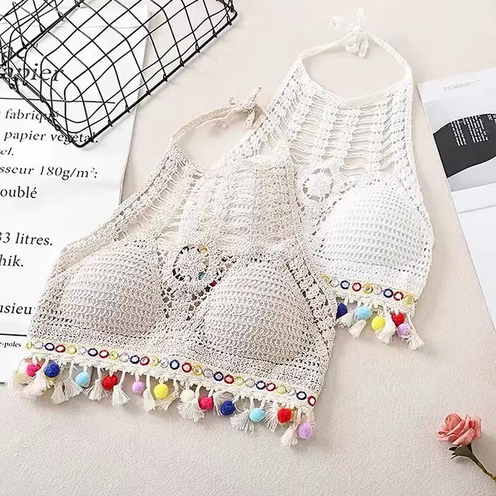 Haut court en tricot dos nu pour femme, style ethnique bohème, sexy, léger, amissié, crochet, glands, ourlet, licou, soutiens-gorge, bustier pour printemps été ```
