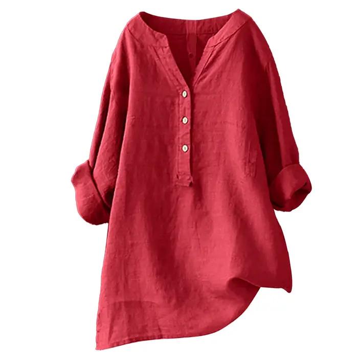 2025 Vintage coton lin chemises pour femmes printemps été décontracté ample à manches longues chemise dames surdimensionné col en v Blouse tunique hauts