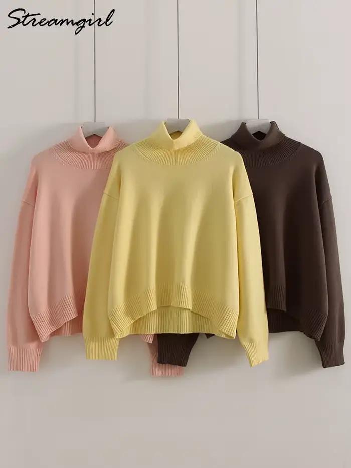Chandails jaunes à col roulé pour femmes, manches longues, amples, courts, tricotés, chauds, doux, marron, surdimensionnés, automne
