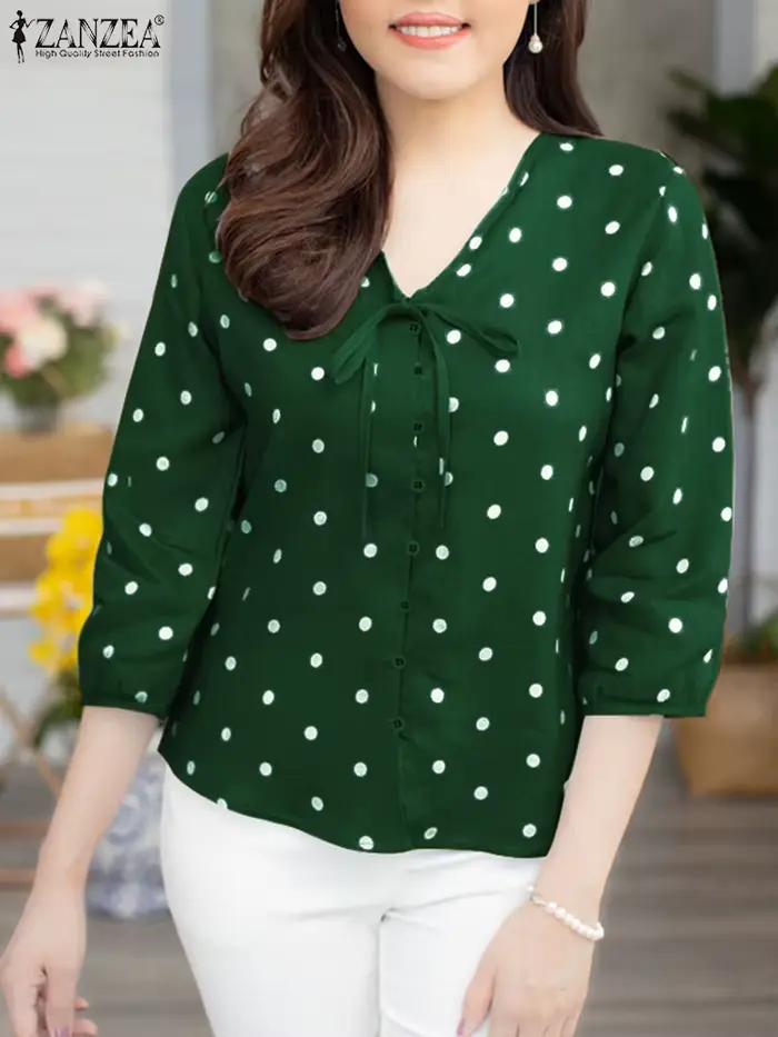 ZANZEA 2025 été à pois bohème Blouse mode 3/4 manches bouffantes chemises décontracté ample à lacets hauts tuniques Blusas Femininas
