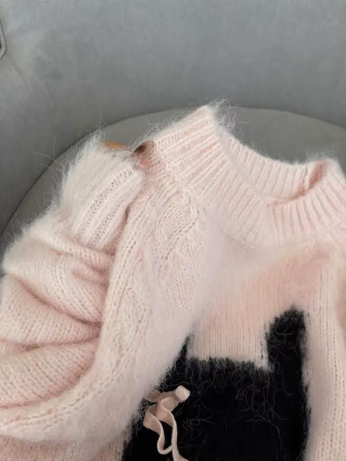 Dessin animé chaton rose chandails femmes doux arc tricoté pull 2025 automne hiver col rond à manches longues haut Pulls