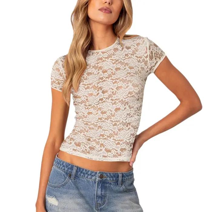 Haut court transparent en dentelle à manches courtes pour femme 2026 – T-shirt sexy à col rond