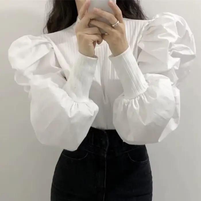 Blouse Nevettle en polyester et coton avec manches bouffantes pour femmes élégantes, vintage, blanc et noir, adapté aux femmes junior pour toutes les saisons