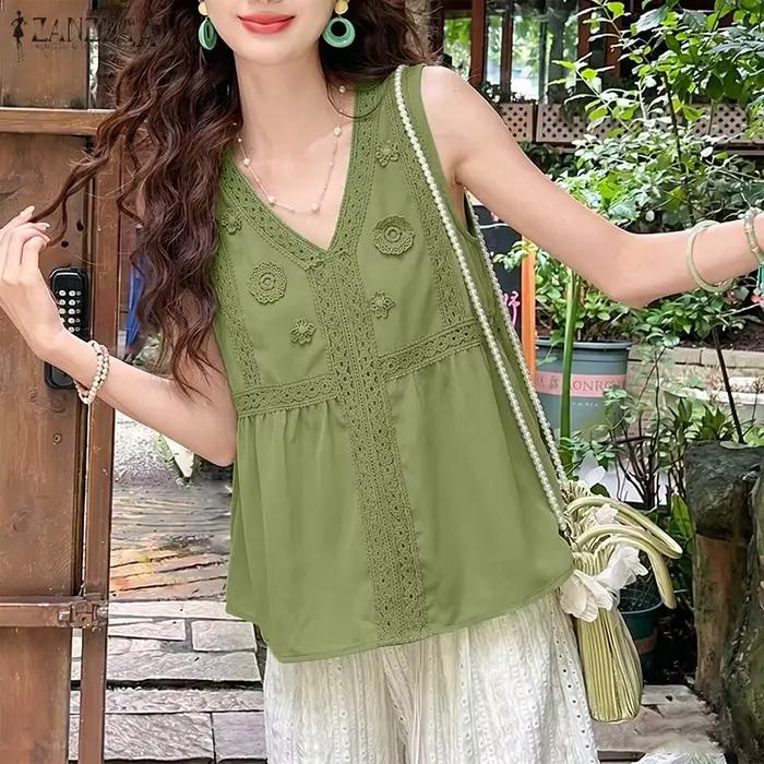 Débardeur ZANZEA en polyester et élasthanne décontracté avec décoration tridimensionnelle pour femmes, style bohème, élégant, adapté aux vacances et aux jours de plage