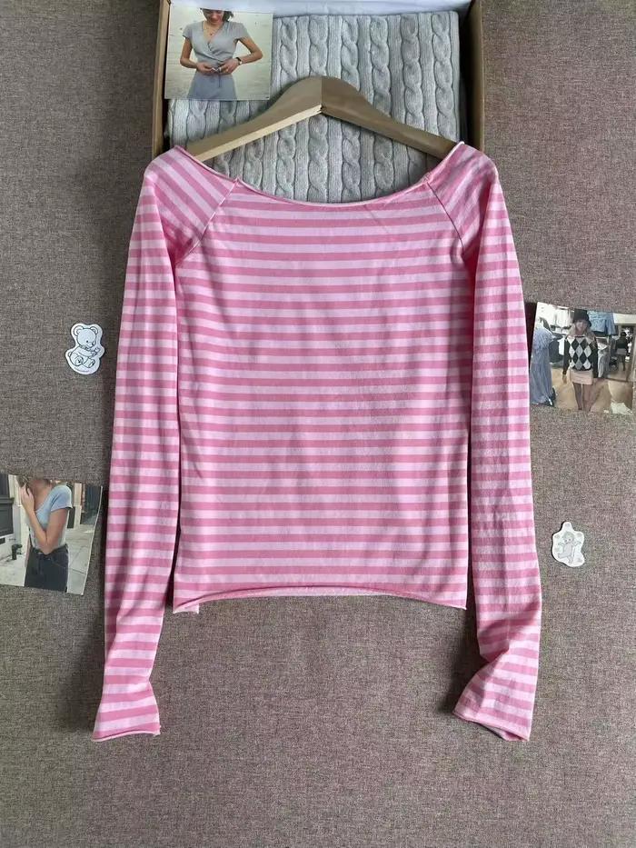 T-shirt rose rayé à manches longues pour femme, style préppy doux, Y2K, printemps été, coupes ajustées, matériau coton polyester, occassions spéciales, entretien facile